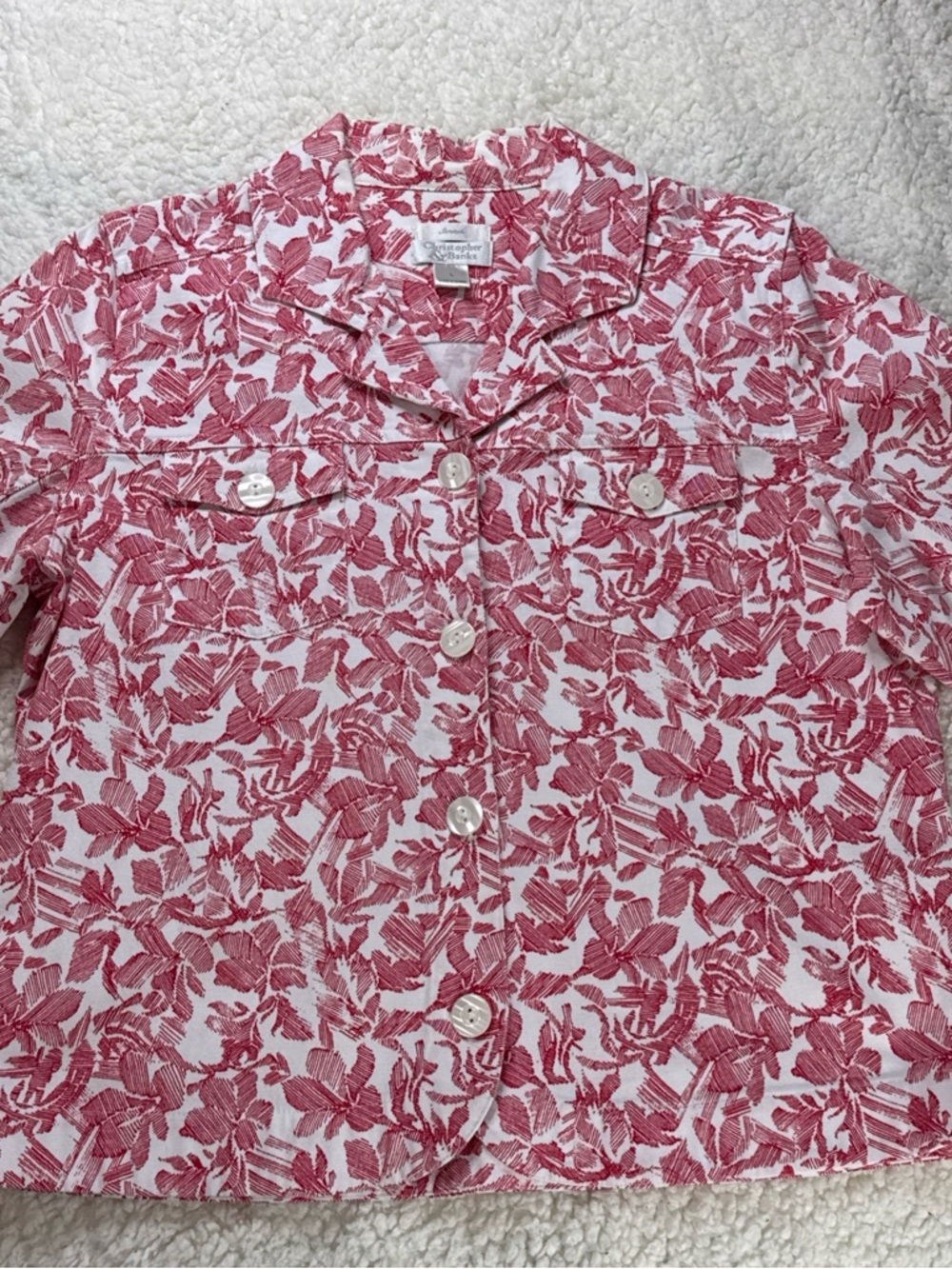 Christopher & Banks White and Pink Floral Button-Up Jacket Size Large